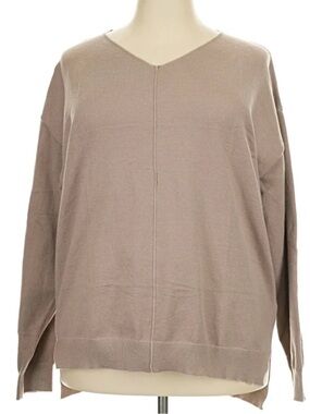 Moshu Soft V-Neck Split Hem Sweater in Taupe